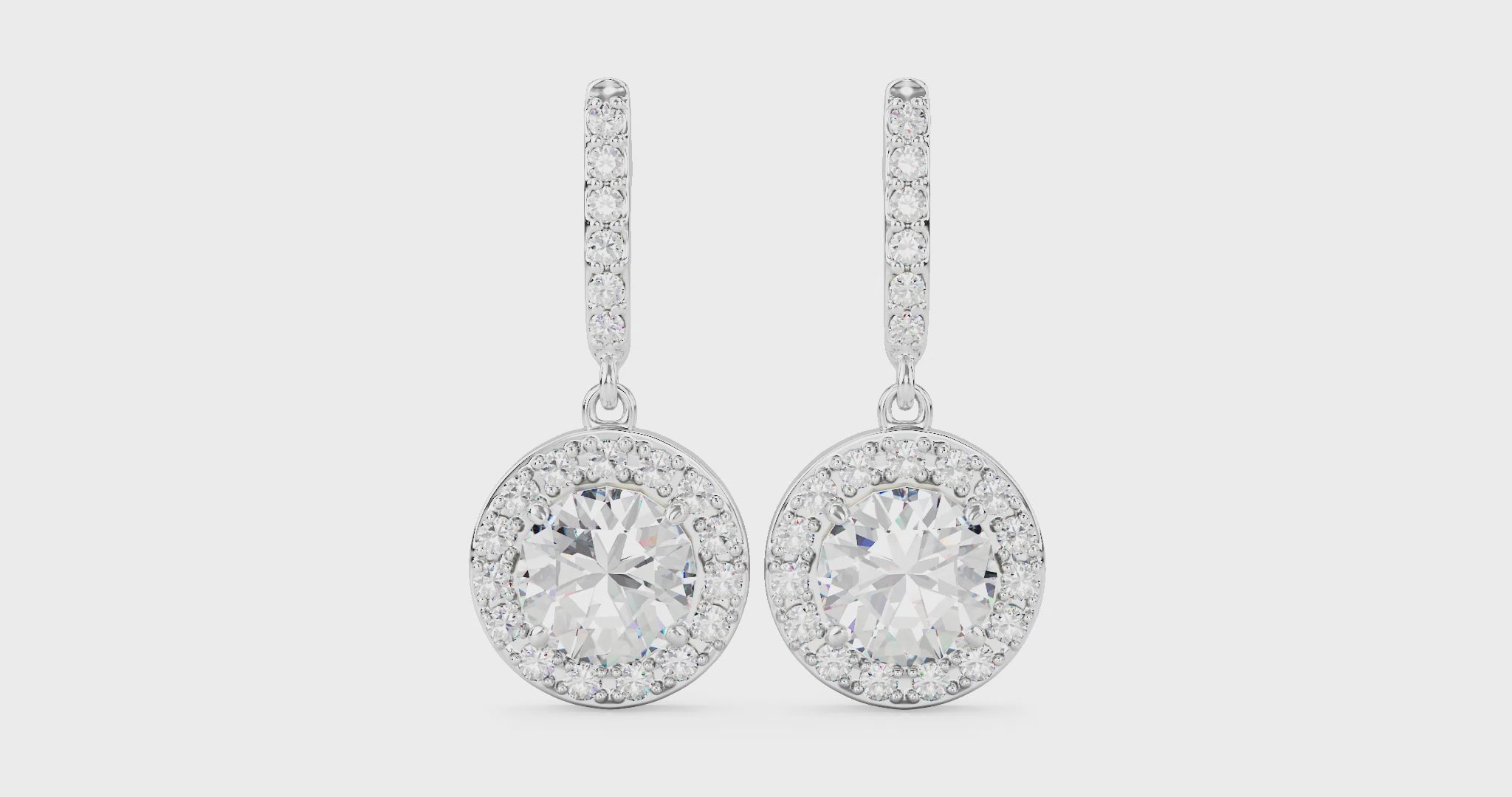 2 carat total weight white round brilliant halo diamond drop earrings in 14k white gold 360 video