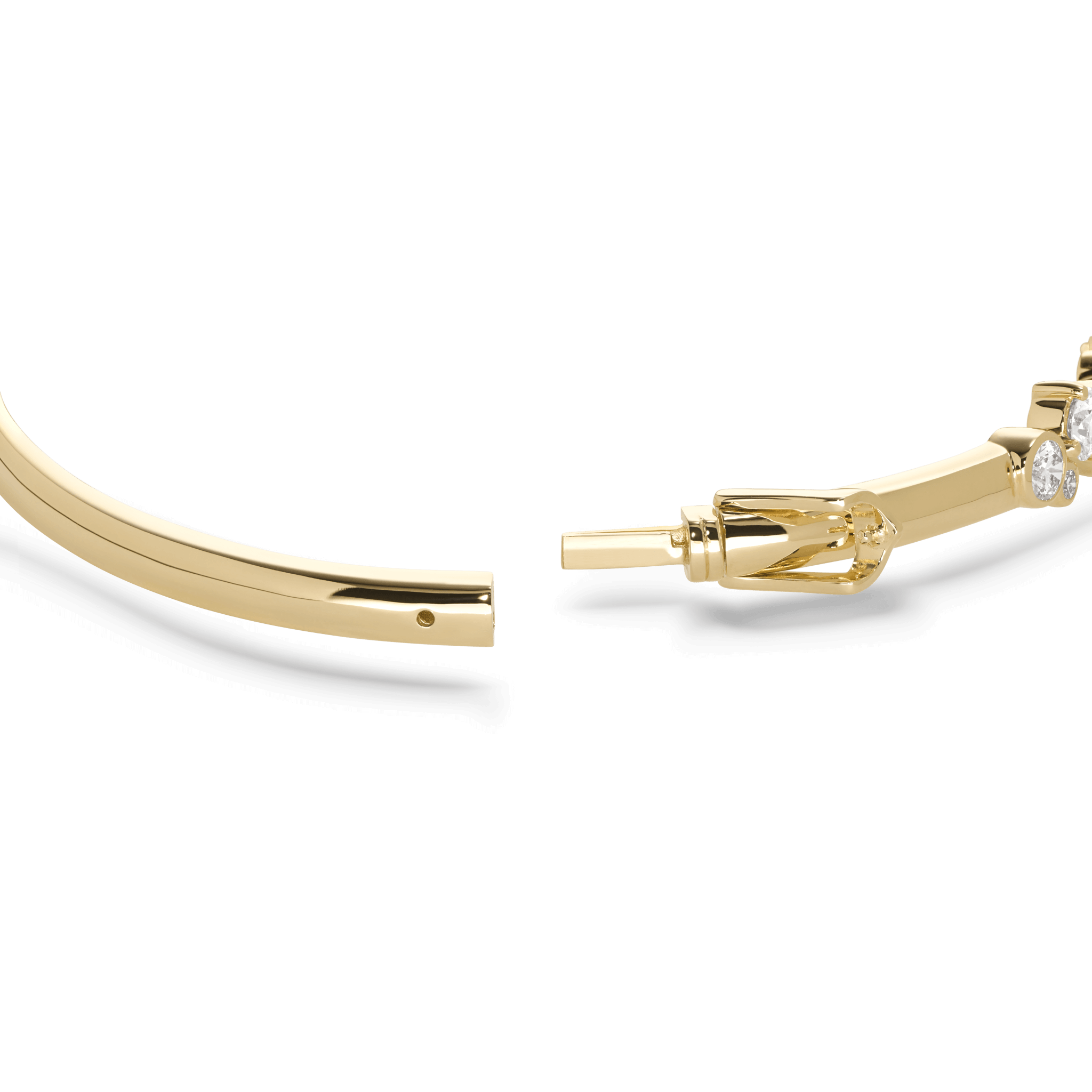 Close up shot showing the clasp open on the yellow gold waterfront bangle