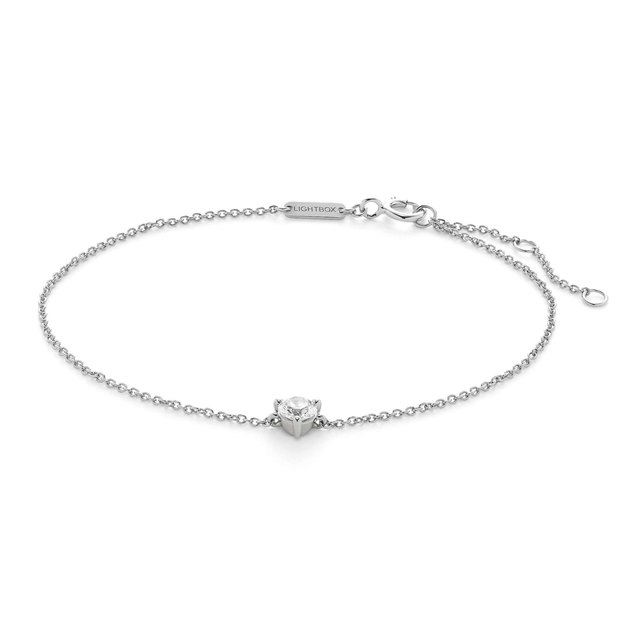 Front view of white gold, lab-grown 0.25 carat round brilliant mini bracelet