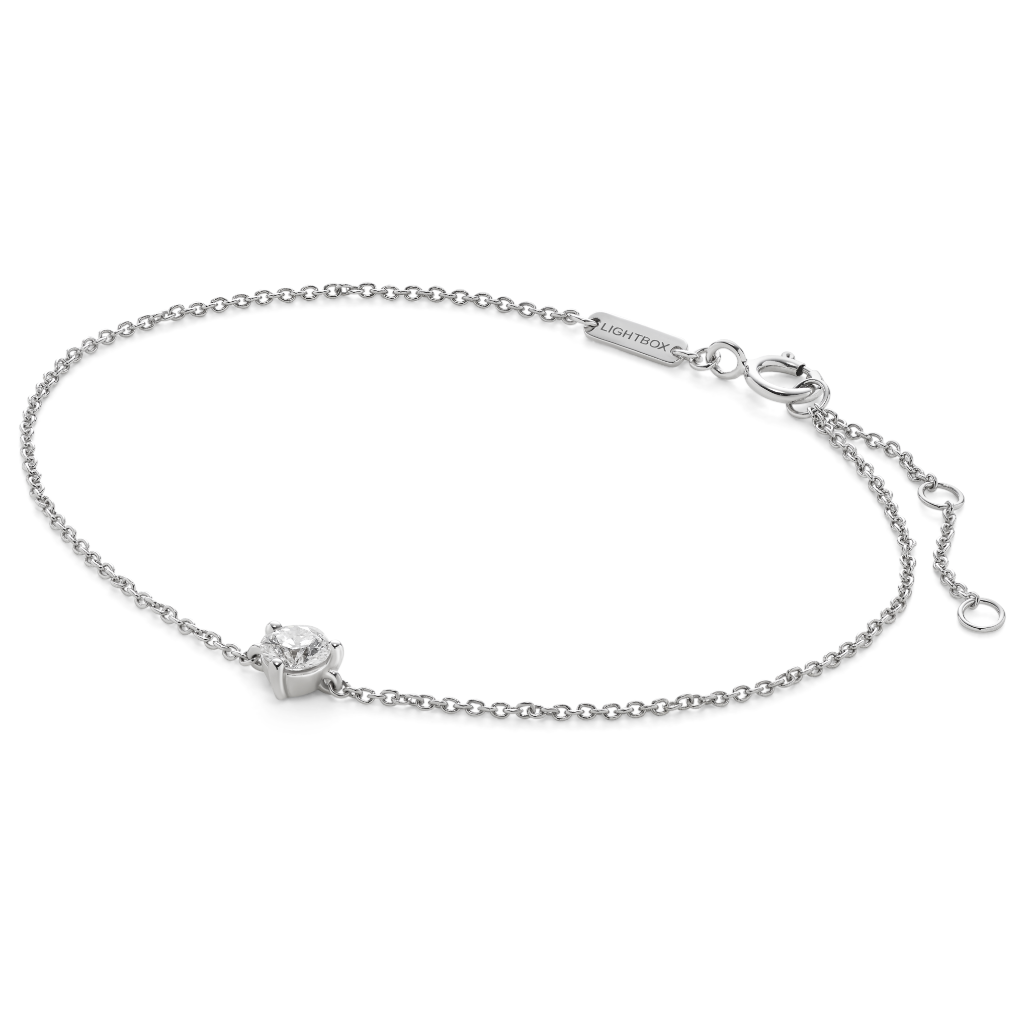 Side view of white gold, lab-grown 0.25 carat round brilliant mini bracelet