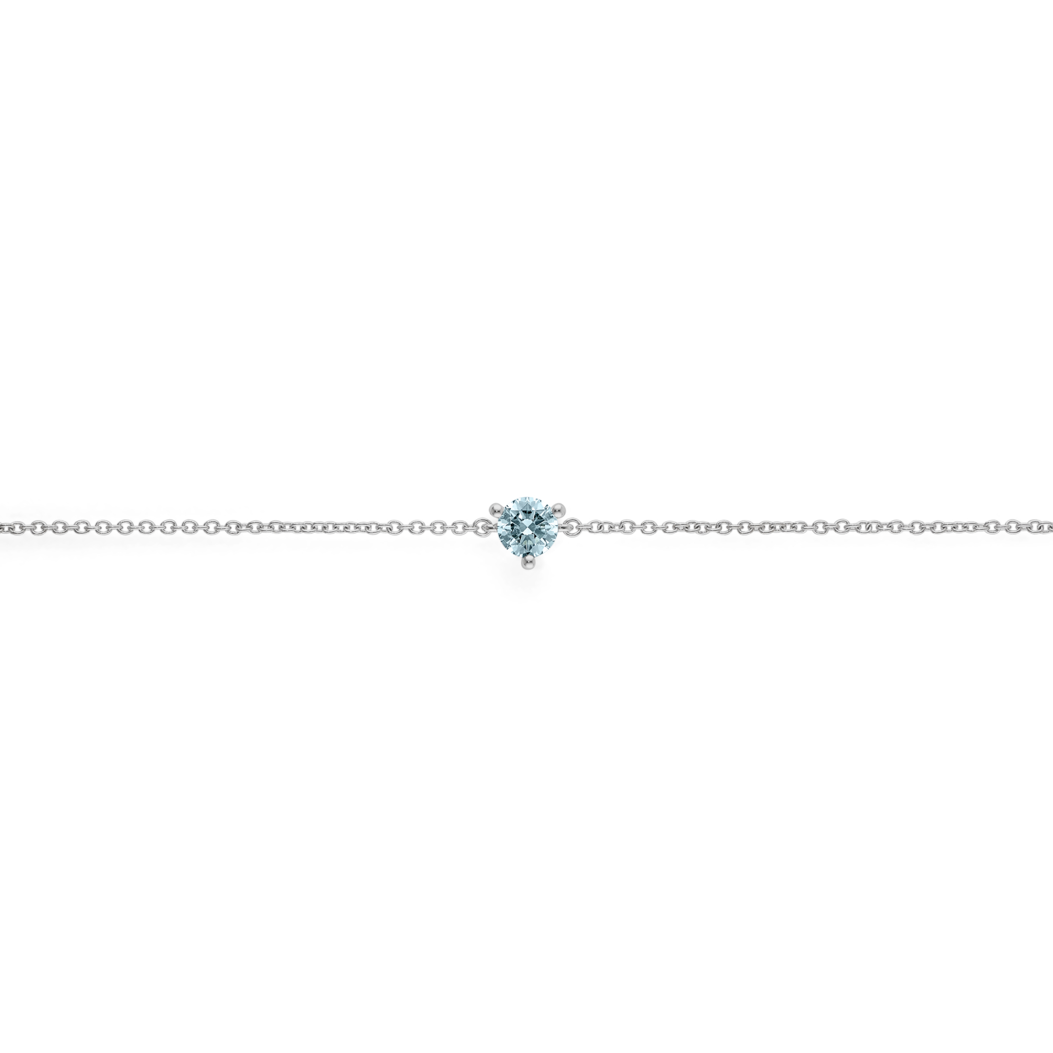 Overview of white gold, lab-grown blue 0.25 carat round brilliant mini bracelet