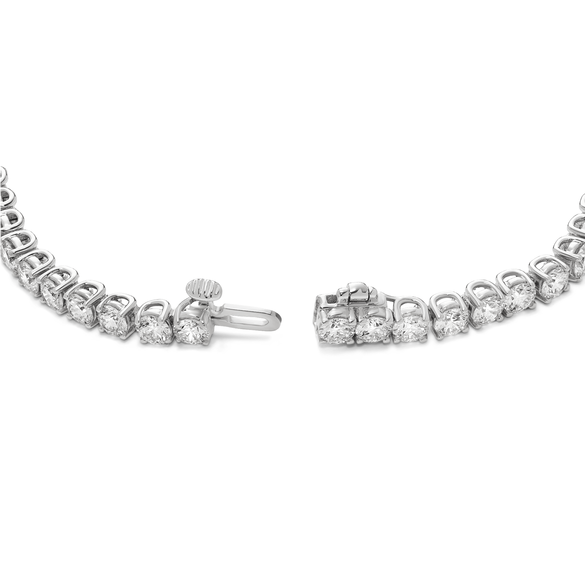 Open clasp image of 6.75 carat total weight white gold tennis necklace