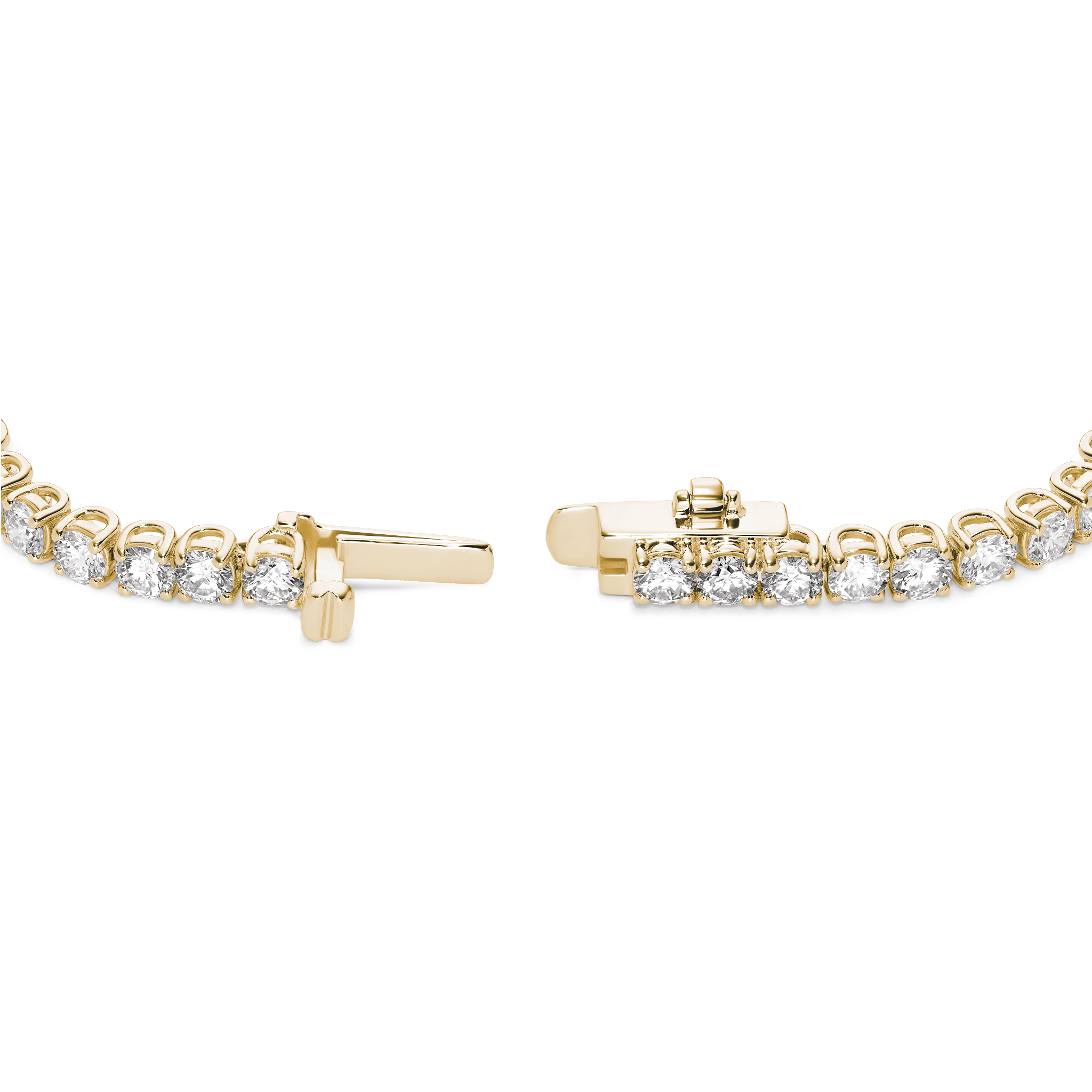 Open clasped image of 7.2 carat total weight yellow gold tennis bracelet