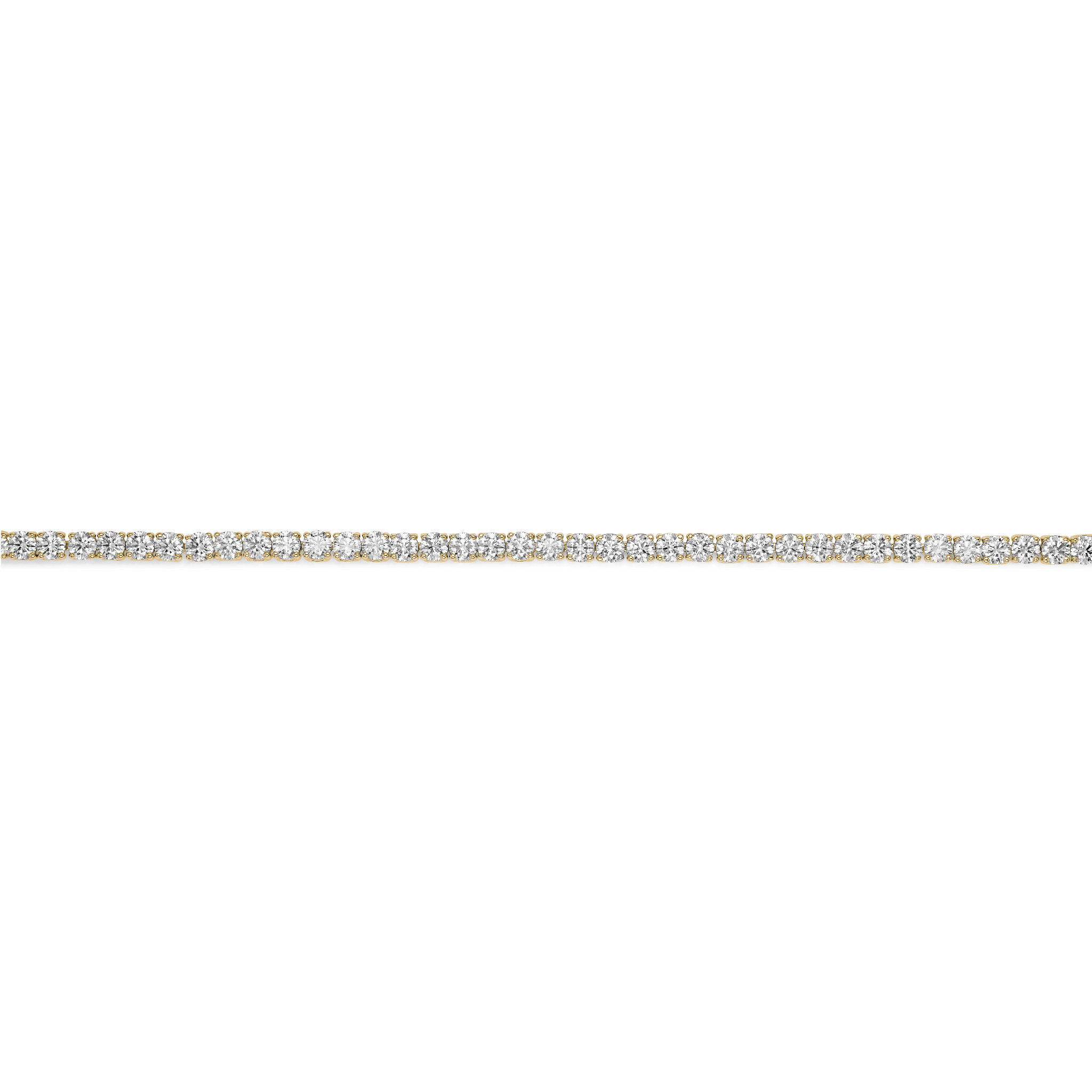 Straight overview of 7.2 carat total weight yellow gold tennis bracelet