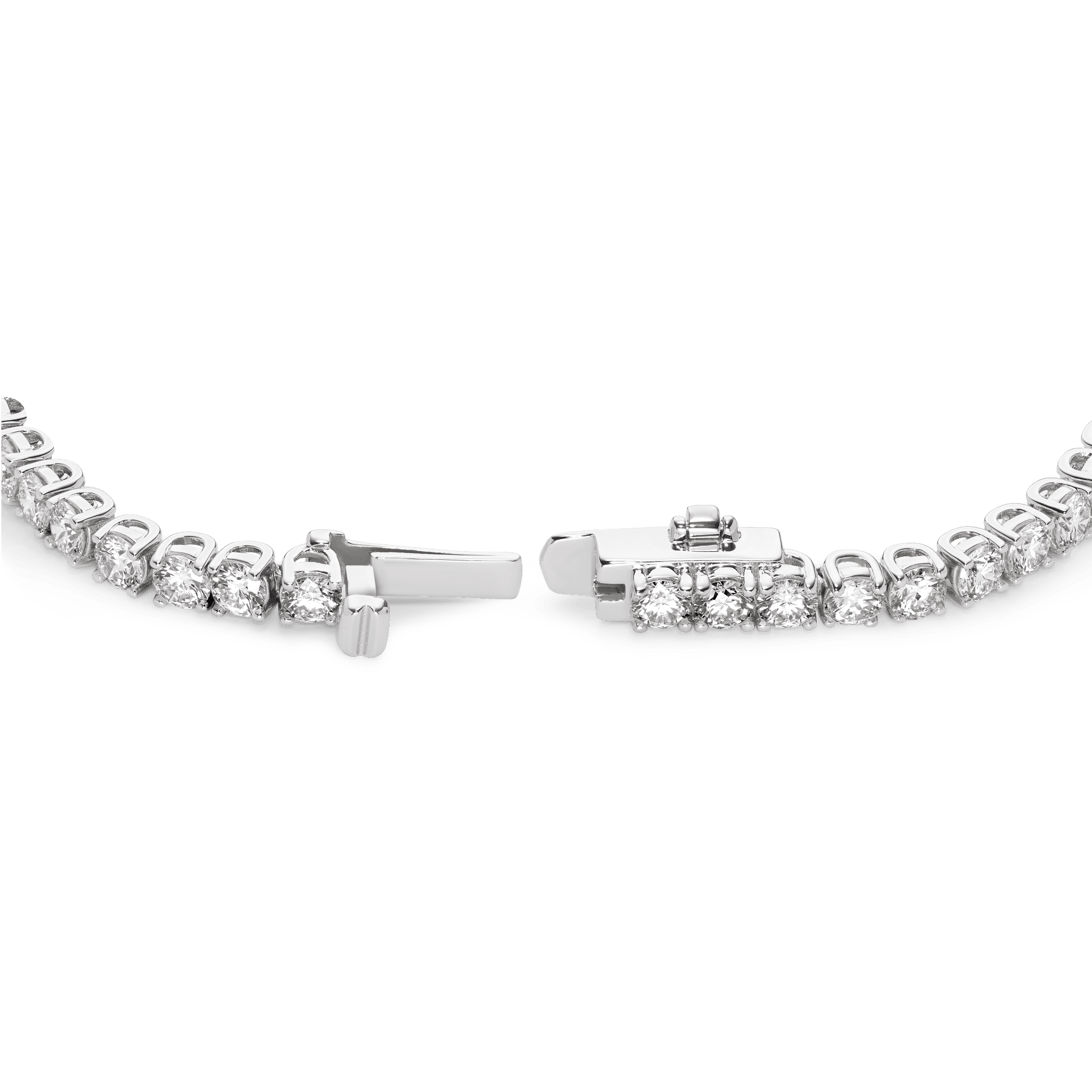 Open clasp image of 7.2 carat total weight white gold tennis bracelet