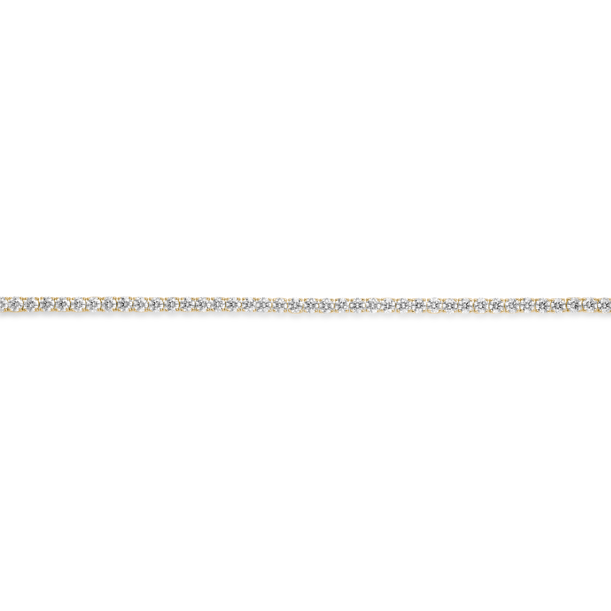 Straight overview of 7.2 carat total weight yellow gold tennis bracelet