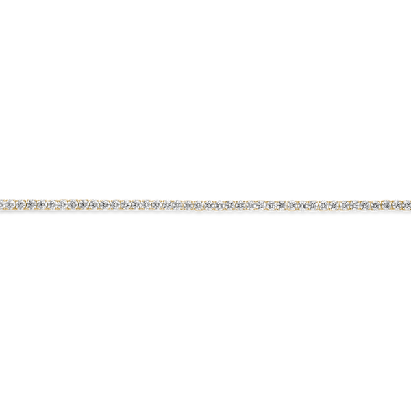 Straight overview of 7.2 carat total weight yellow gold tennis bracelet