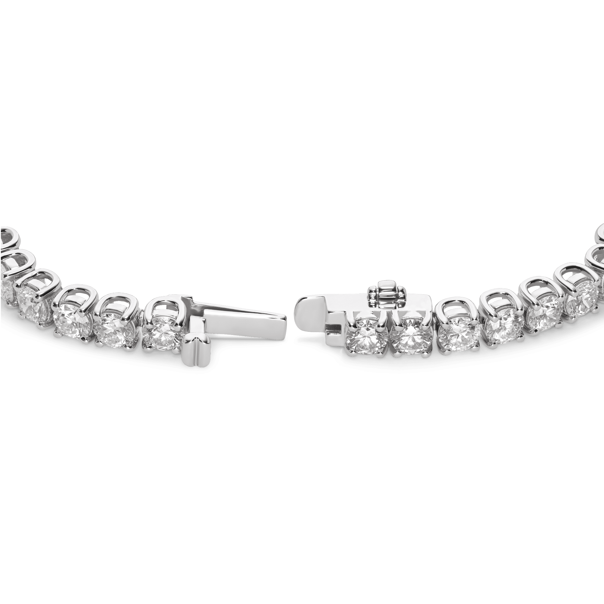 Open clasp image of 10 carat total weight white gold tennis bracelet