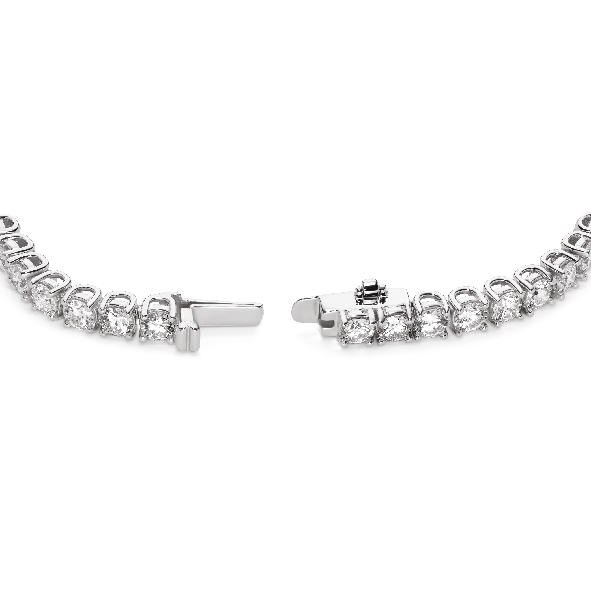 Open clasp image of 10 carat total weight white gold tennis bracelet