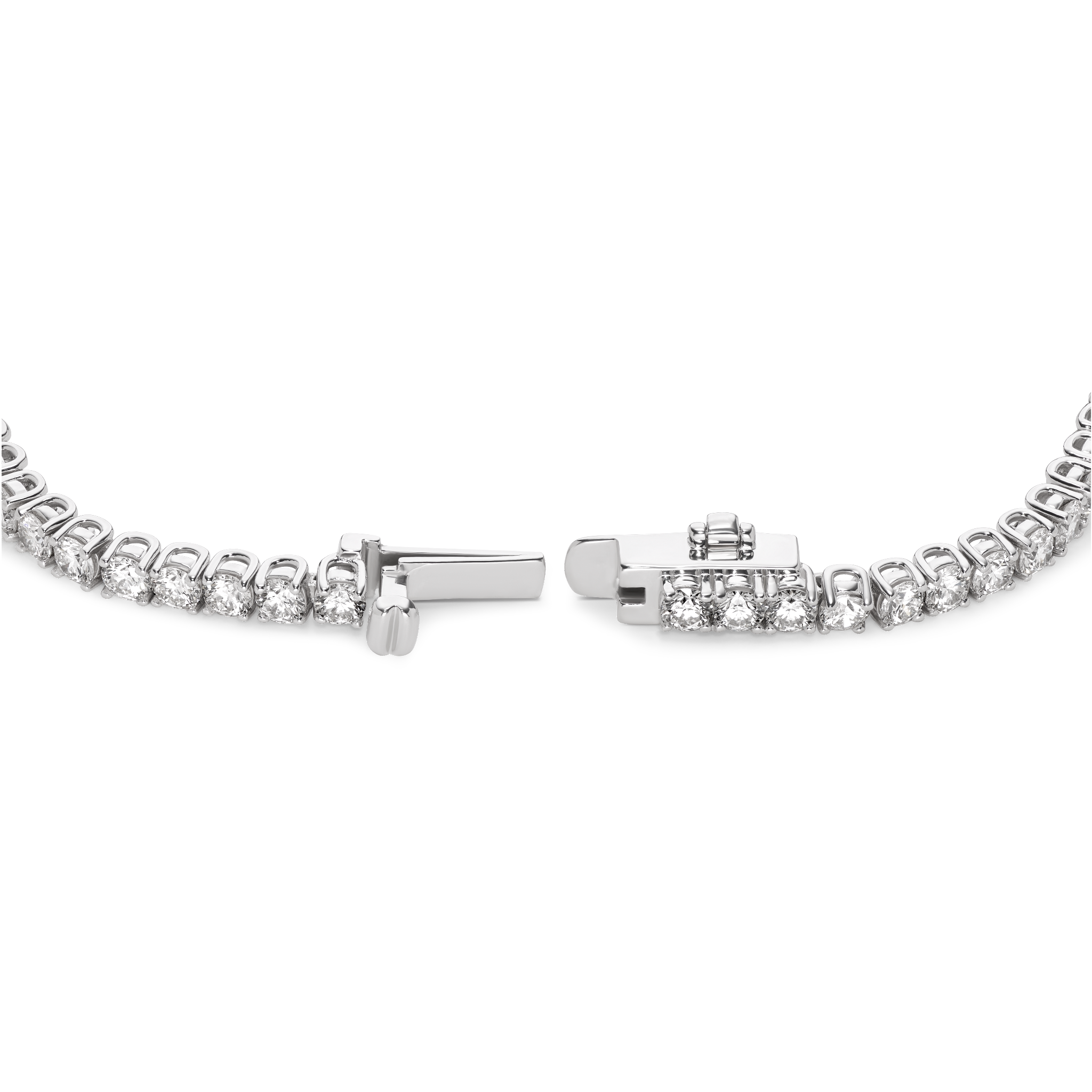 Open clasp image of 5.25 carat total weight white gold tennis necklace