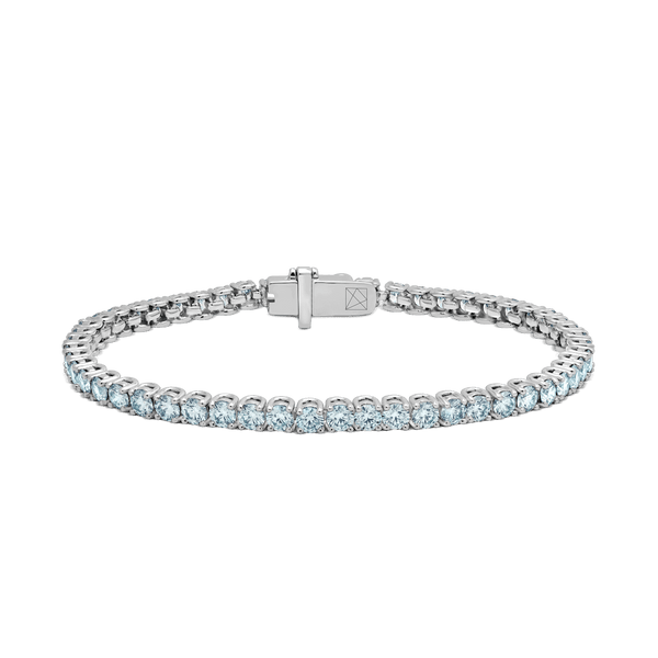 Front view of 5.25 carat, blue tennis bracelet in white gold