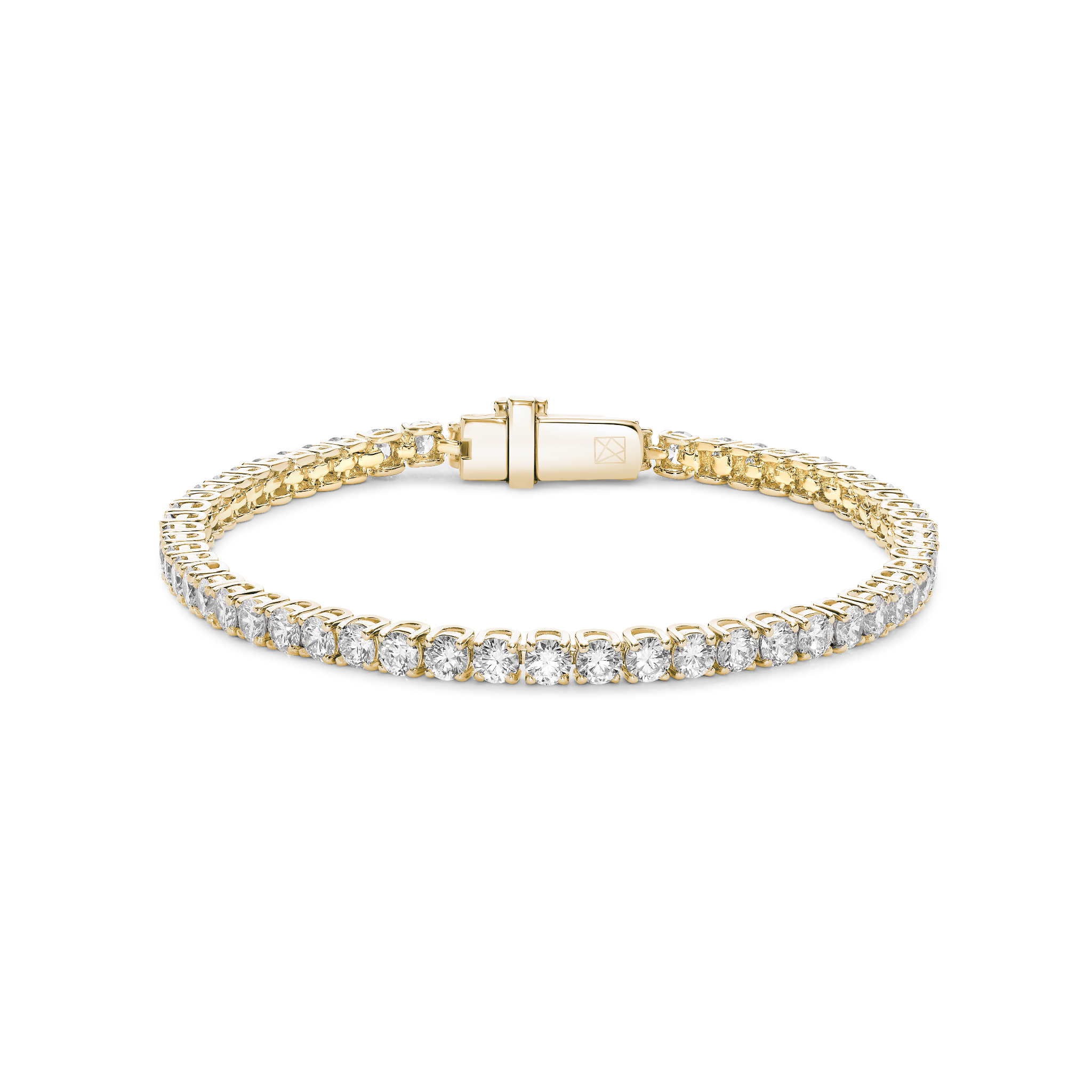 Front view of 5.5 carat total weight yellow gold tennis bracelet