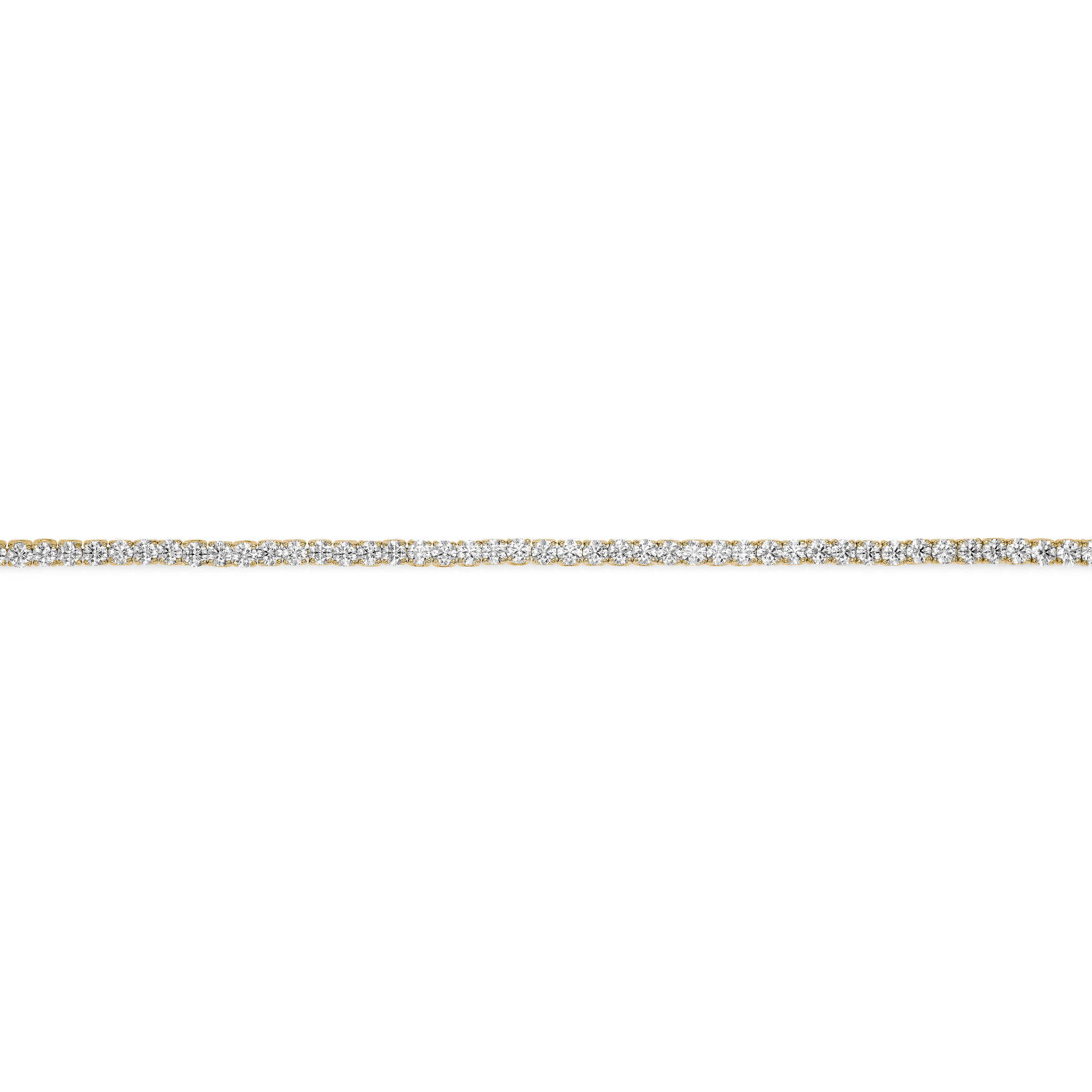 Straight overview of 5.5 carat total weight yellow gold tennis bracelet