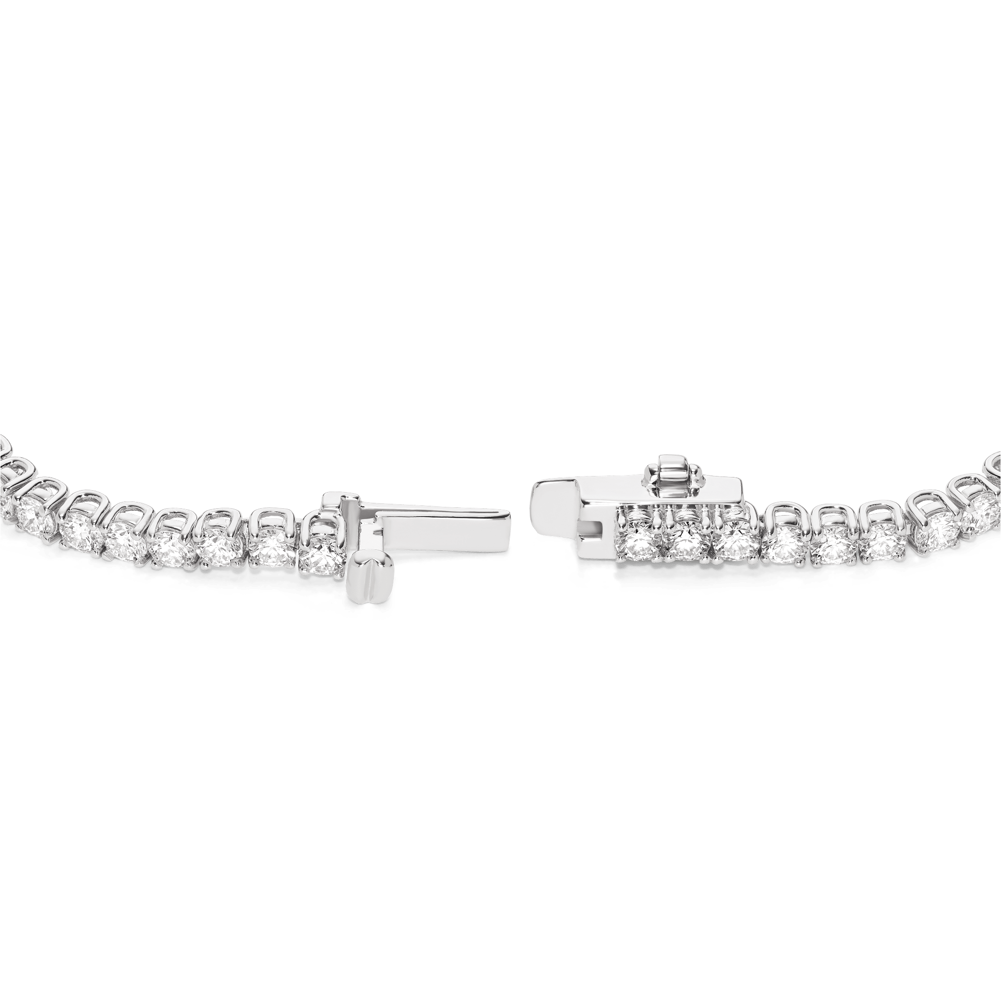 Open clasp image of 5.5 carat total weight white gold tennis bracelet