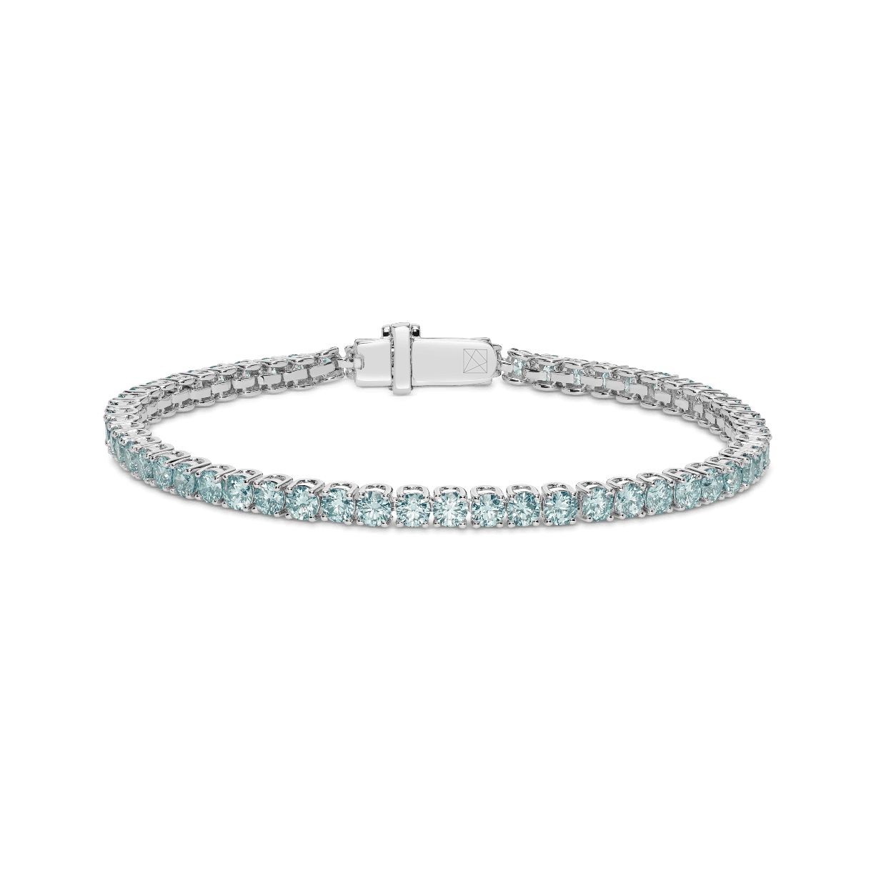 Front view of 5.5 carat blue tennis bracelet in white gold