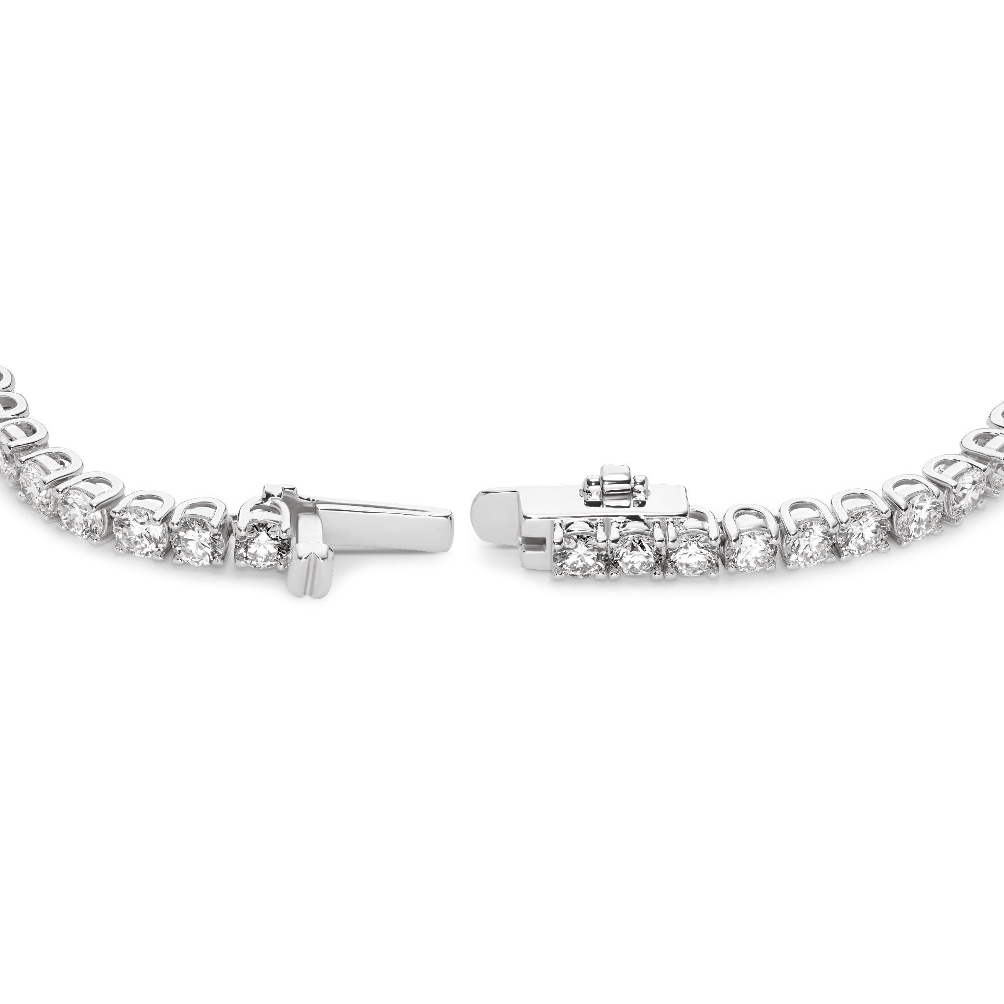 Open clasp image of 6.75 carat total weight white gold tennis bracelet