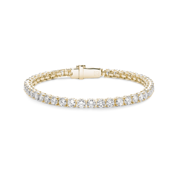 Front view of 6.75 carat total weight yellow gold tennis bracelet