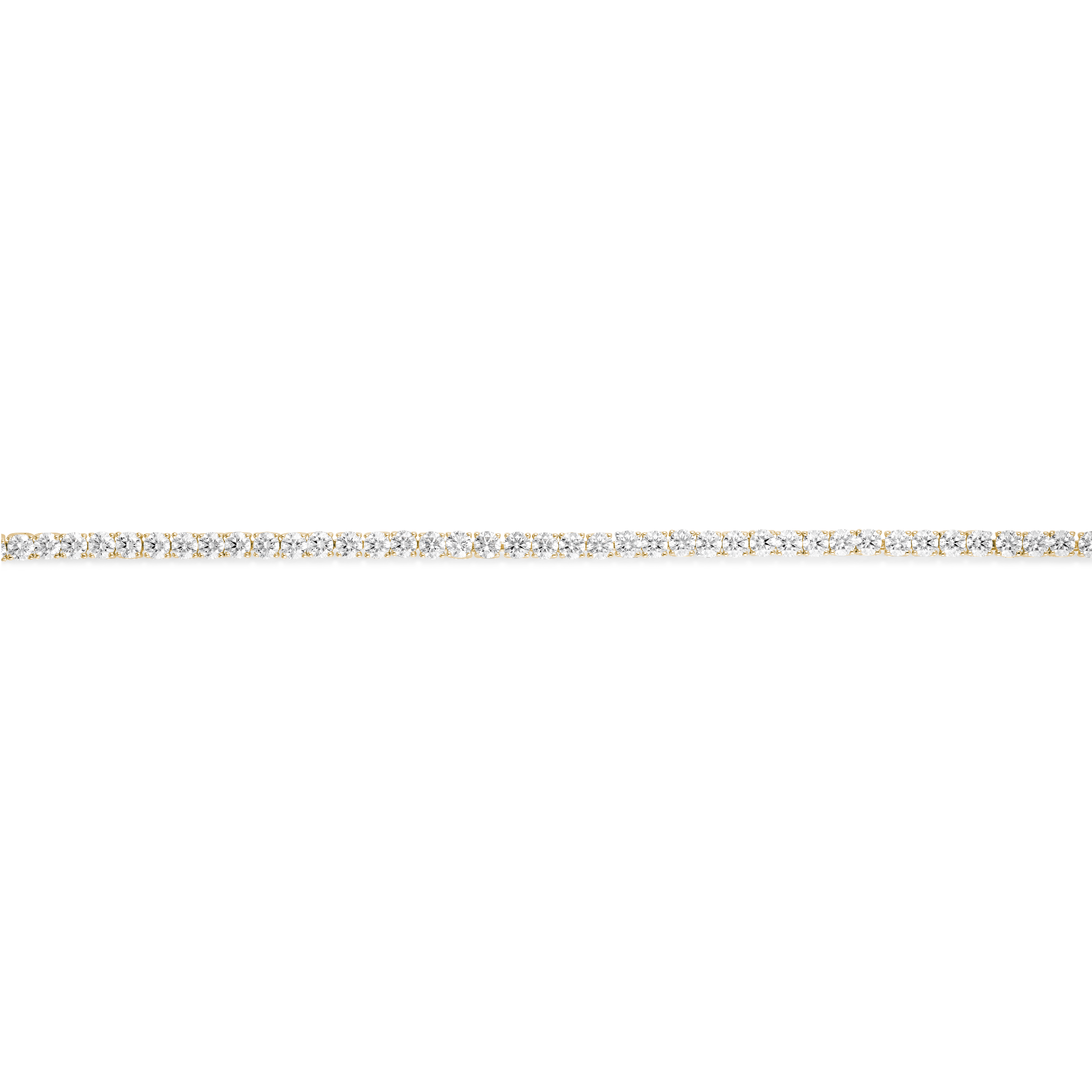 Straight overview of of 6.75 carat total weight yellow gold tennis bracelet