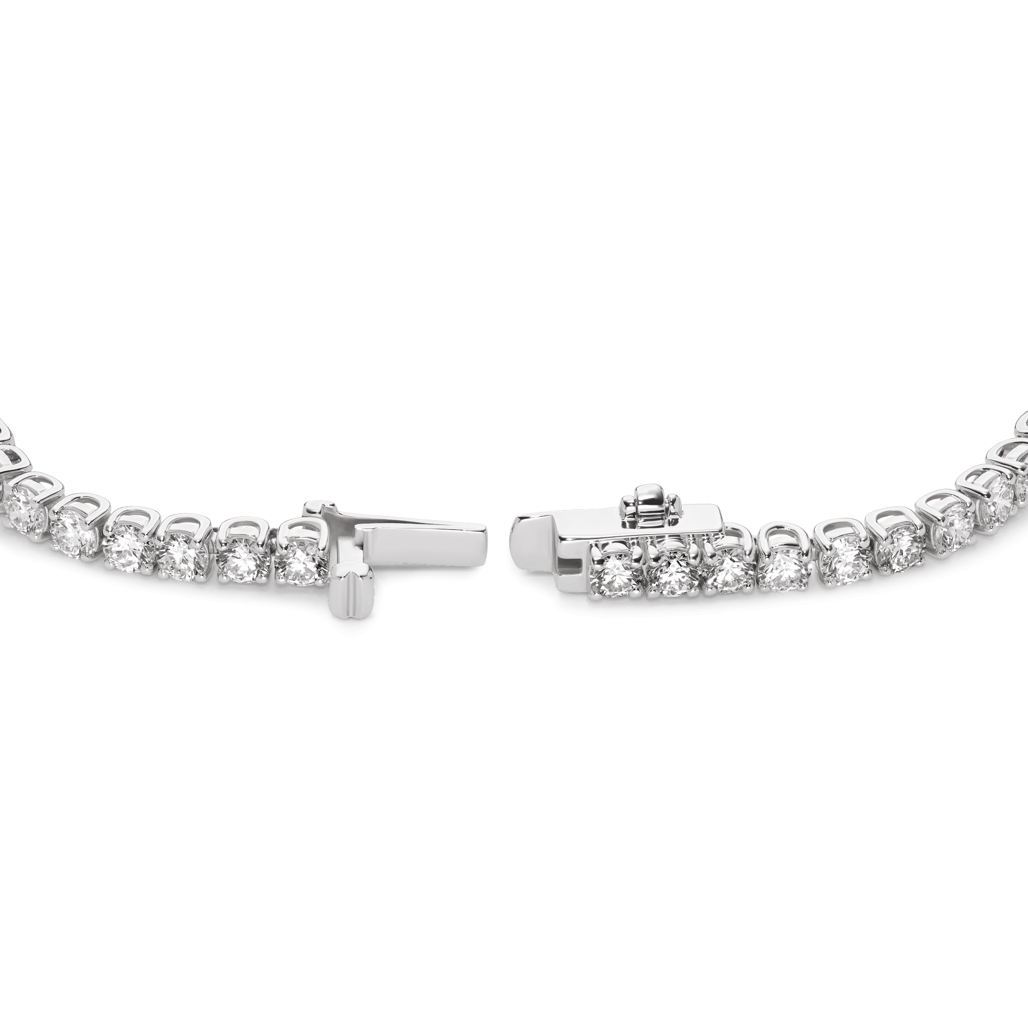 Open clasp shot of the white gold medium tennis bracelet