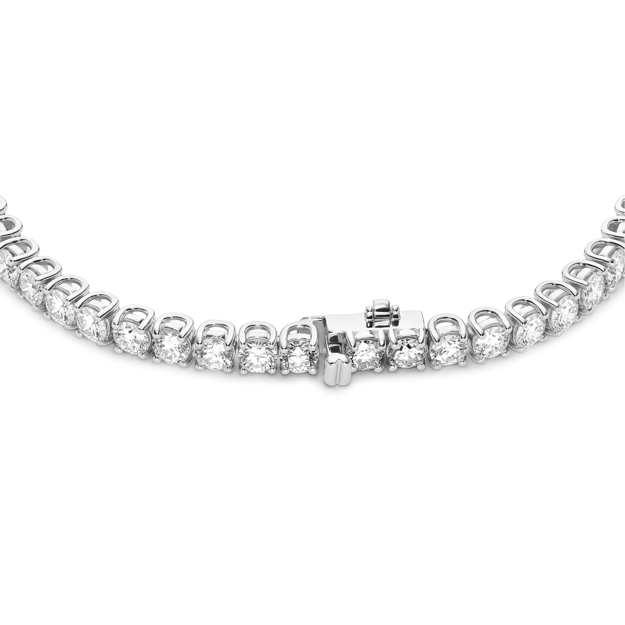 Closed clasp image of 9.25 carat total weight white gold tennis necklace