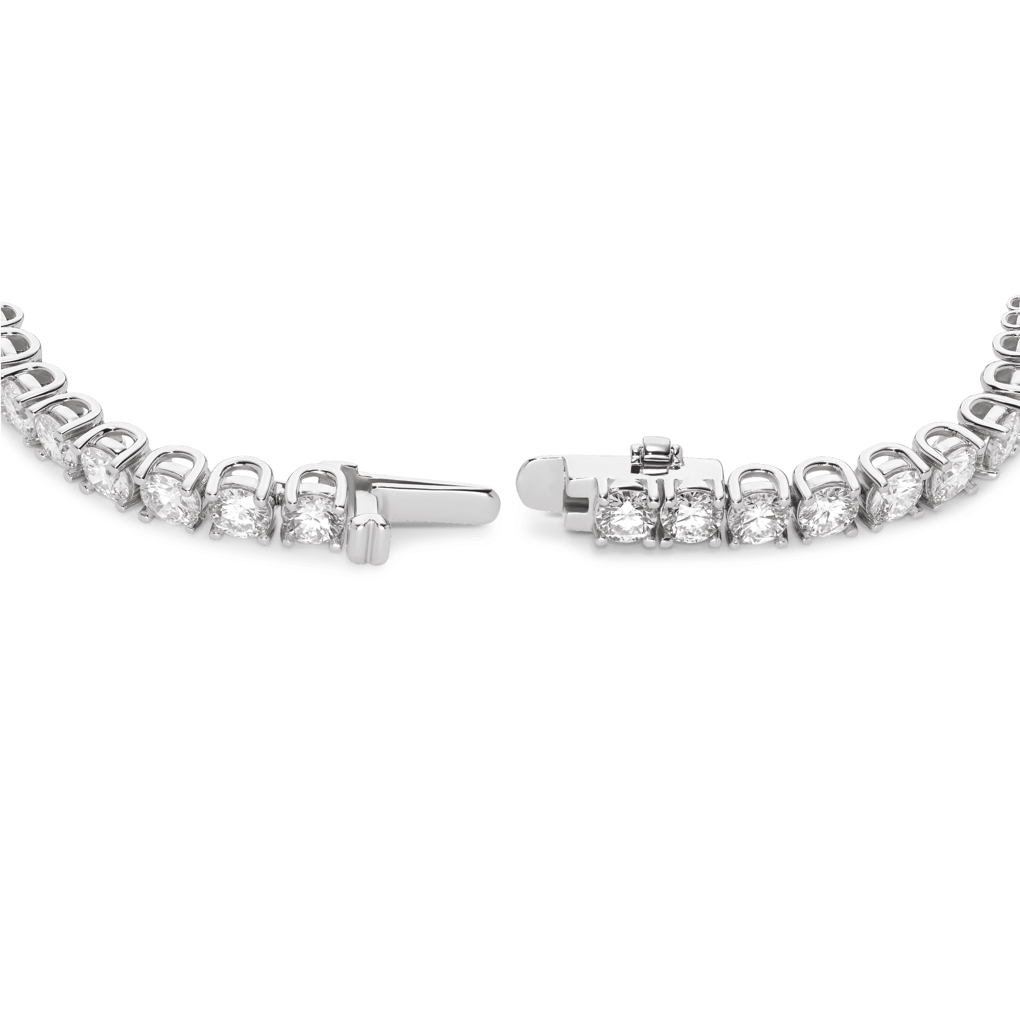 Open clasp image of 9.25 carat total weight white gold tennis bracelet