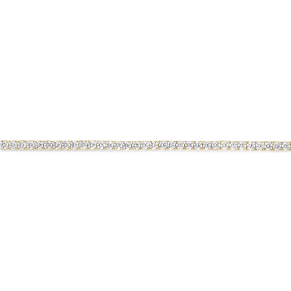 Straight overview of 9.25 carat total weight yellow gold tennis bracelet