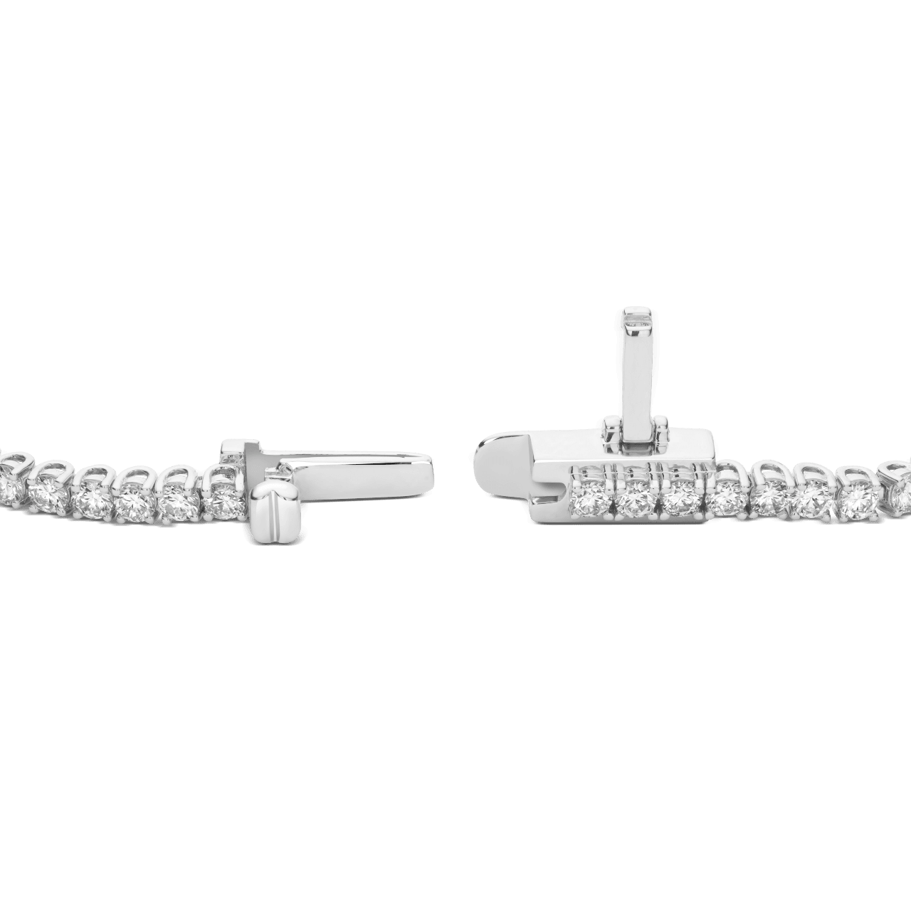 Open clasp shot of white gold, mini tennis bracelet