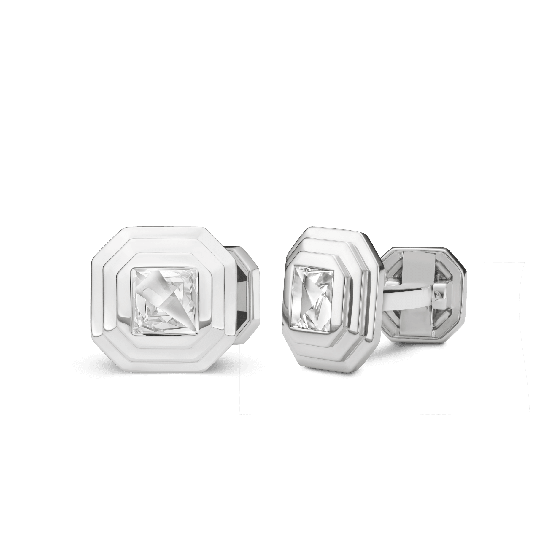 Angled side view of Lightbox Cut Collection cufflinks