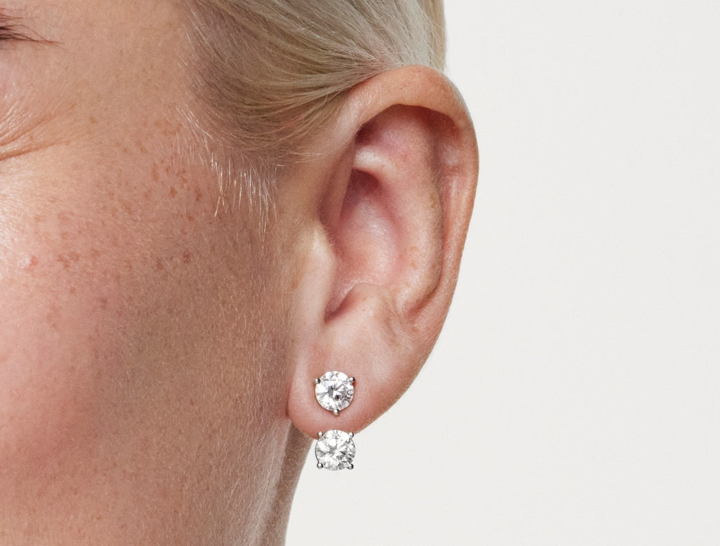 Close up model shot of 2 carat total weight earring jacket in 14k white gold