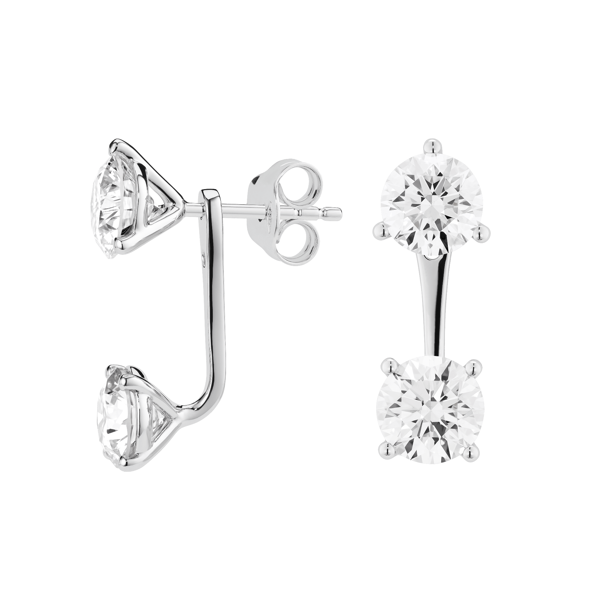 Side view of white gold 2 carat total weight round brilliant ear jackets with round brilliant studs and butterfly earring back