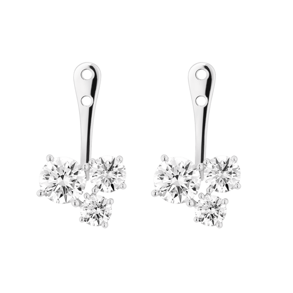 Front view of white gold 3 stone cluster ear jacket earrings