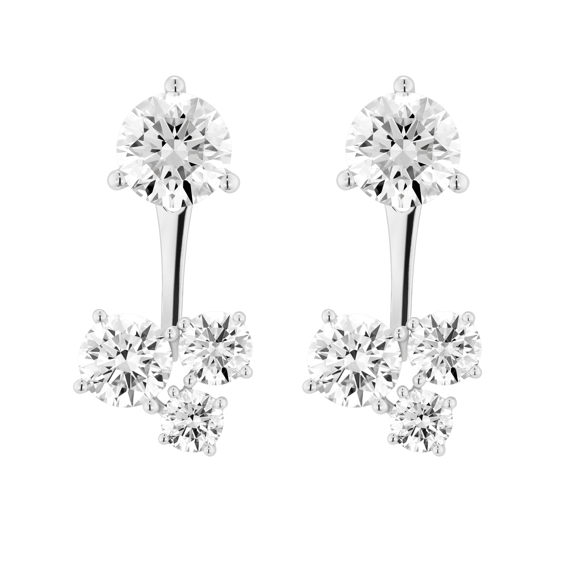 Front view of white gold 3 stone cluster ear jacket earrings with round brilliant studs