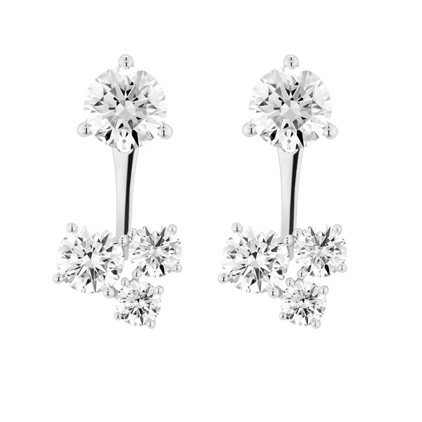 Front view of white gold 3 stone cluster ear jacket earrings with round brilliant studs