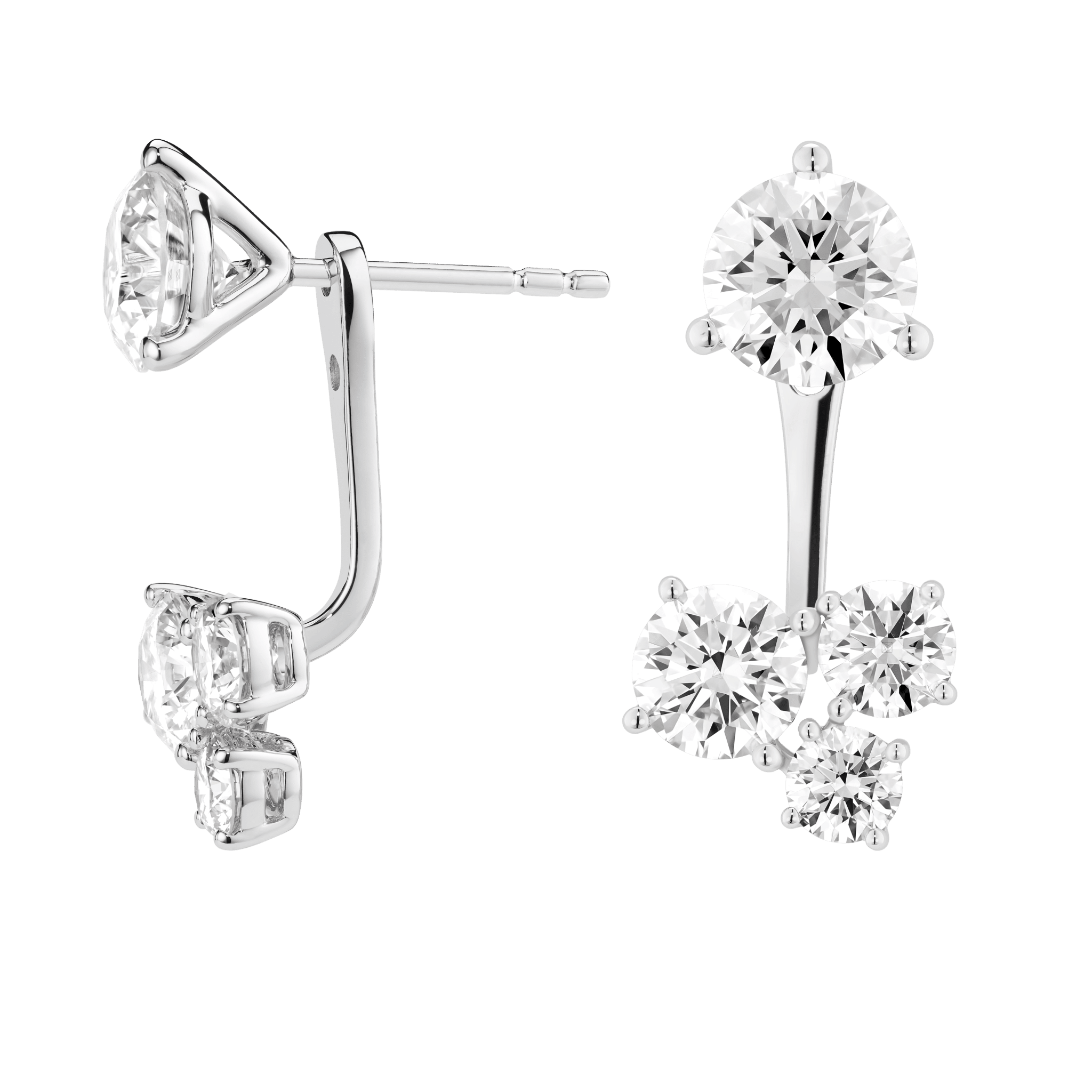 Side view of white gold 3 stone cluster ear jacket earrings with round brilliant studs