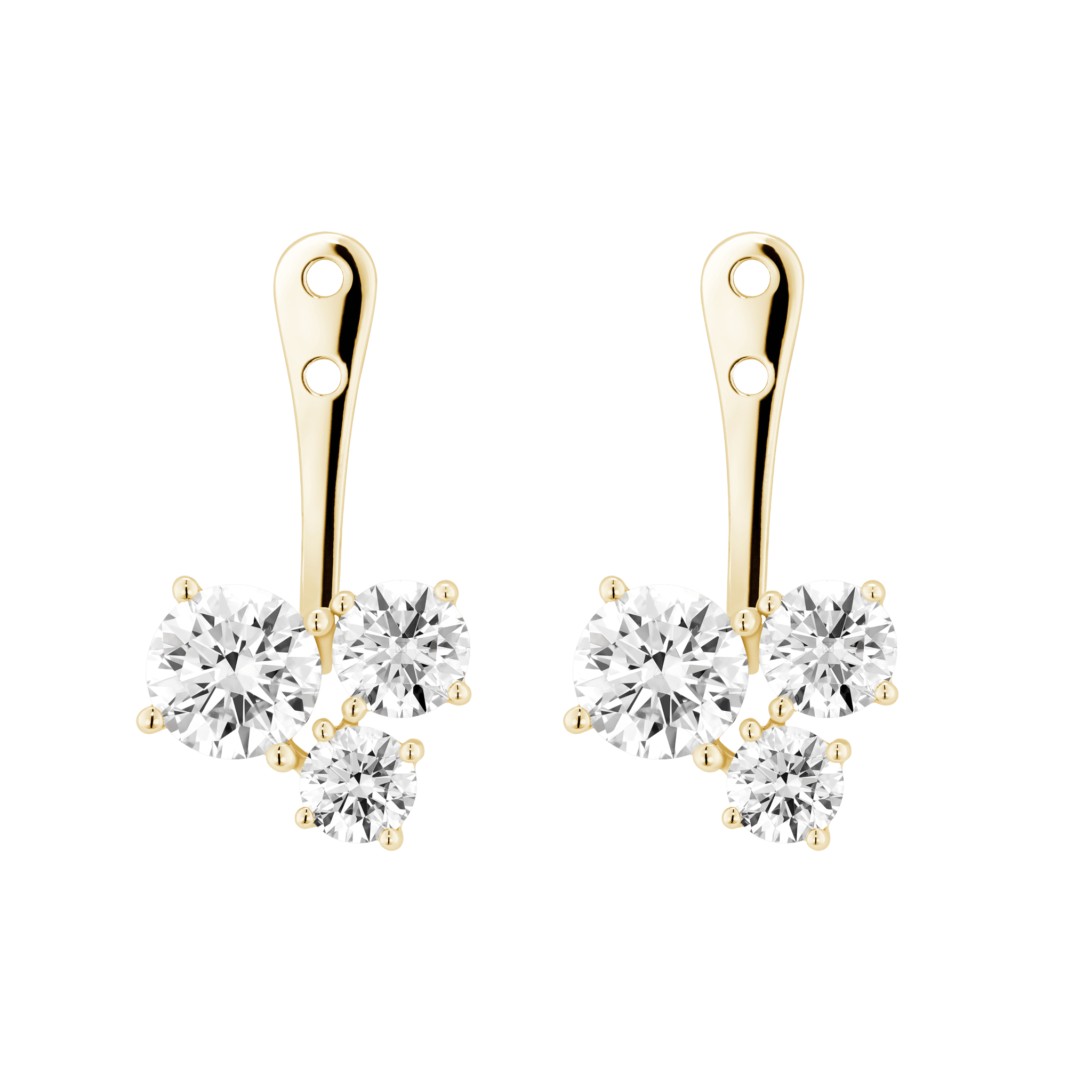 Front view of 1.8 carat total weight round brilliant cluster ear jacket earrings in 14k yellow gold