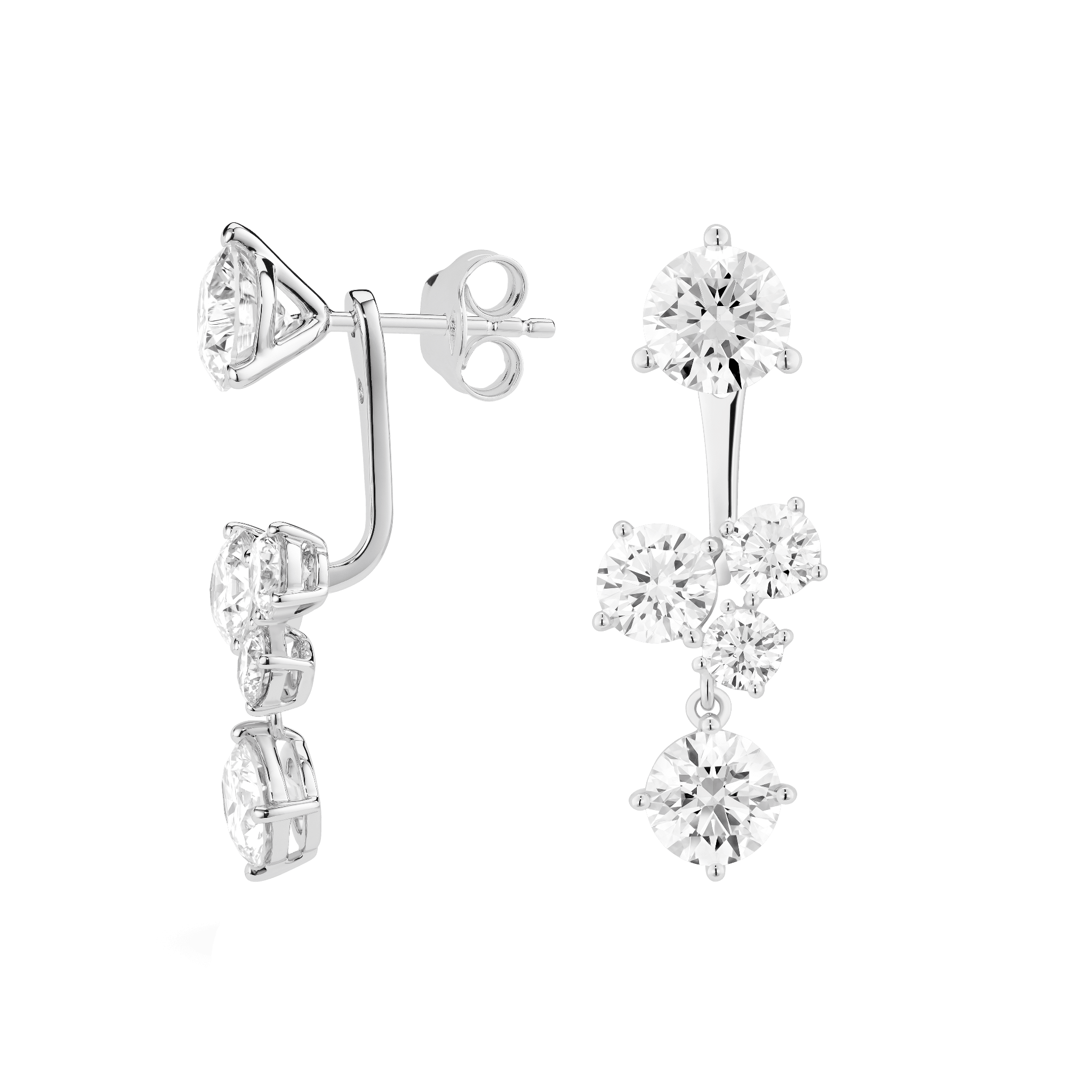 Side view of white gold 3.3 carat total weight cluster ear jackets with 1 carat round brilliant studs with butterfly earring back 