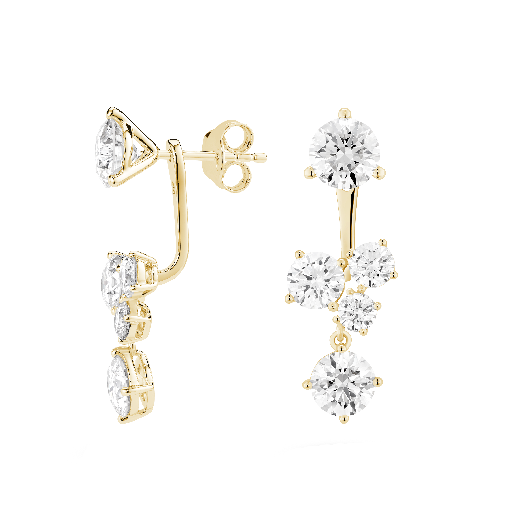 Side view of yellow gold 3.3 carat total weight cluster ear jackets with 1 carat round brilliant studs with butterfly earring back 