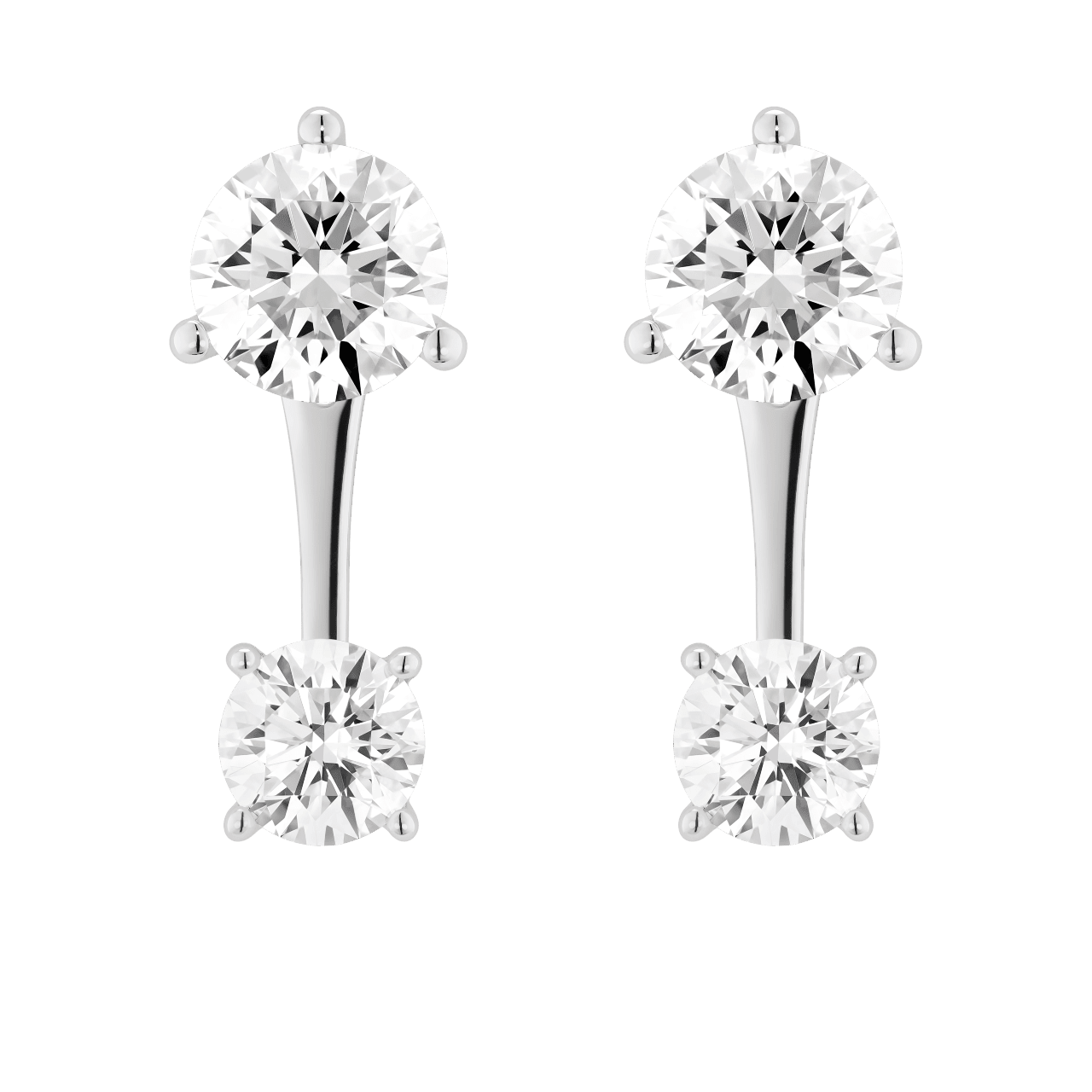 Front view of white gold, 1 carat total weight round brilliant ear jacket earrings with round brilliant studs