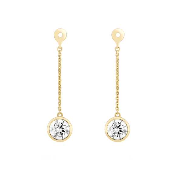 Front view of yellow gold, bezel set 1 carat total weight round brilliant solitaire drop earring jackets