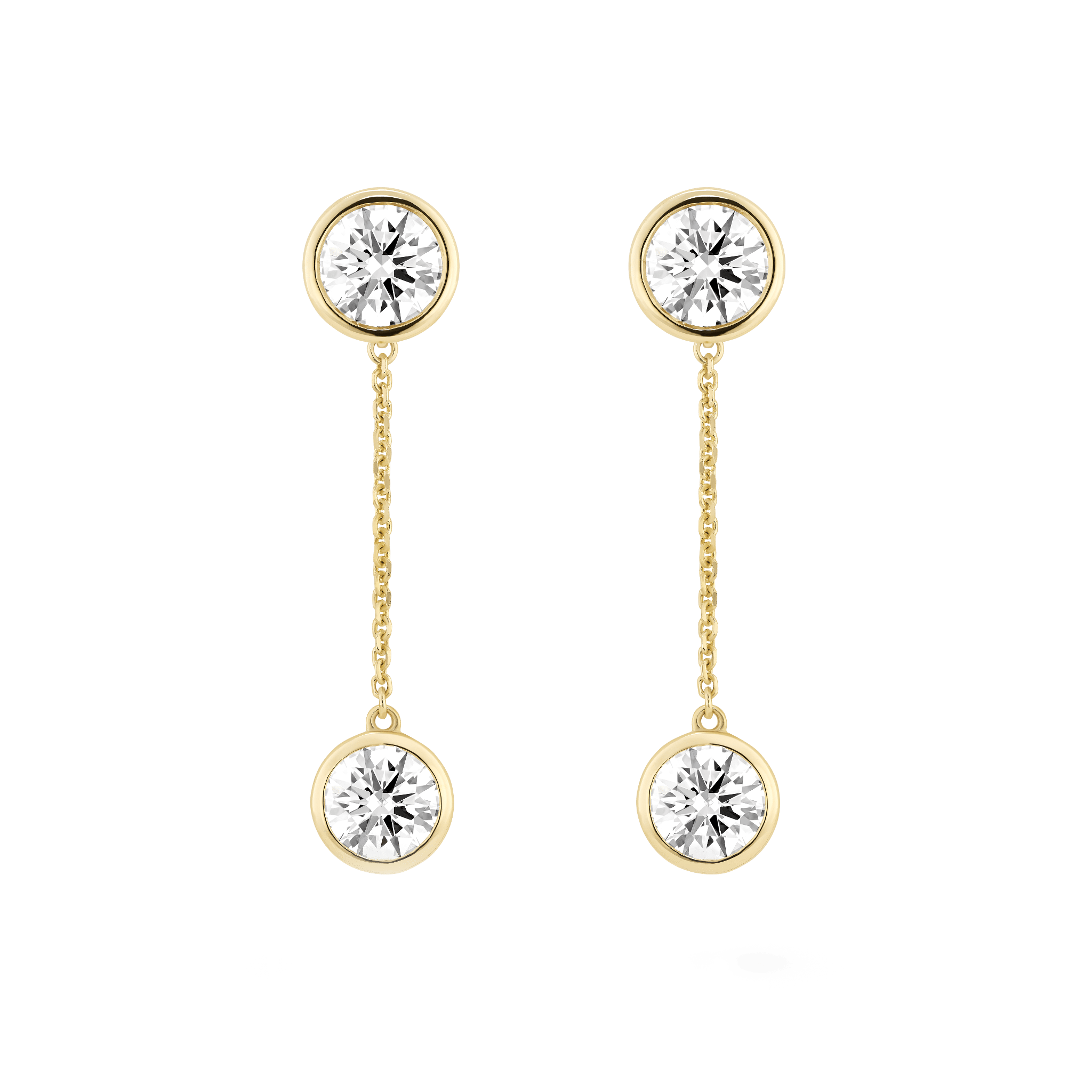 Front view of yellow gold, bezel set 1 carat total weight round brilliant solitaire drop earring jackets with bezel studs