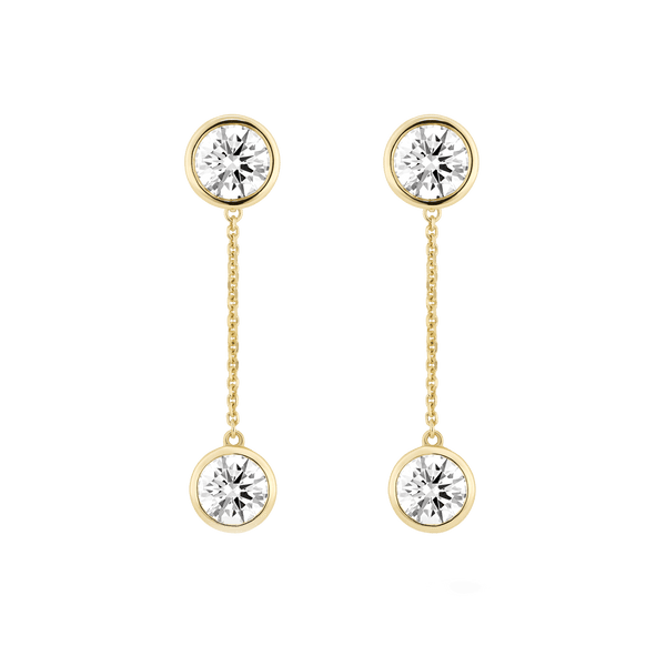 Front view of yellow gold, bezel set 1 carat total weight round brilliant solitaire drop earring jackets with bezel studs