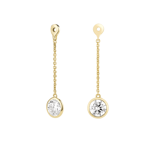 Side view of yellow gold, bezel set 1 carat total weight round brilliant solitaire drop earring jackets