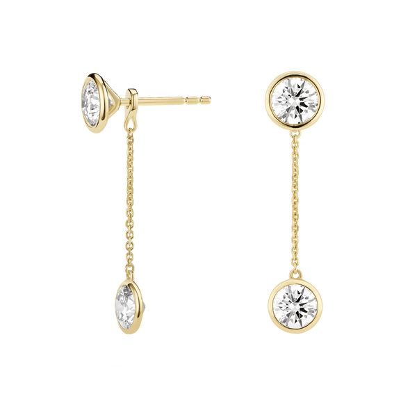 Side view of yellow gold, bezel set 1 carat total weight round brilliant solitaire drop earring jackets with bezel studs