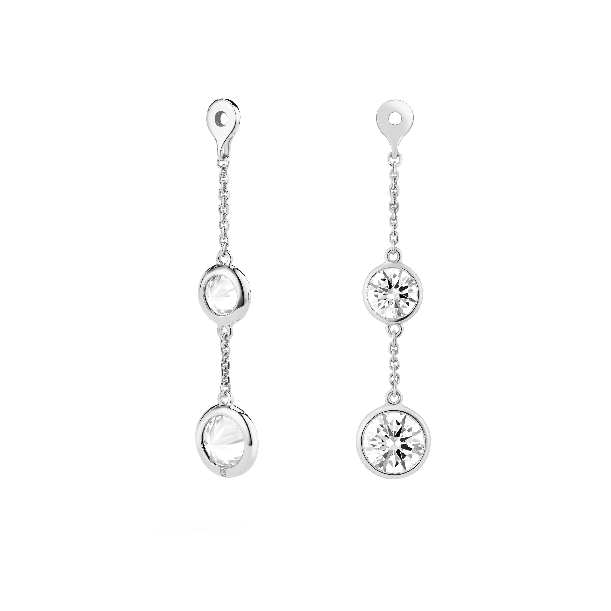 Back view of white gold double drop bezel earring jackets