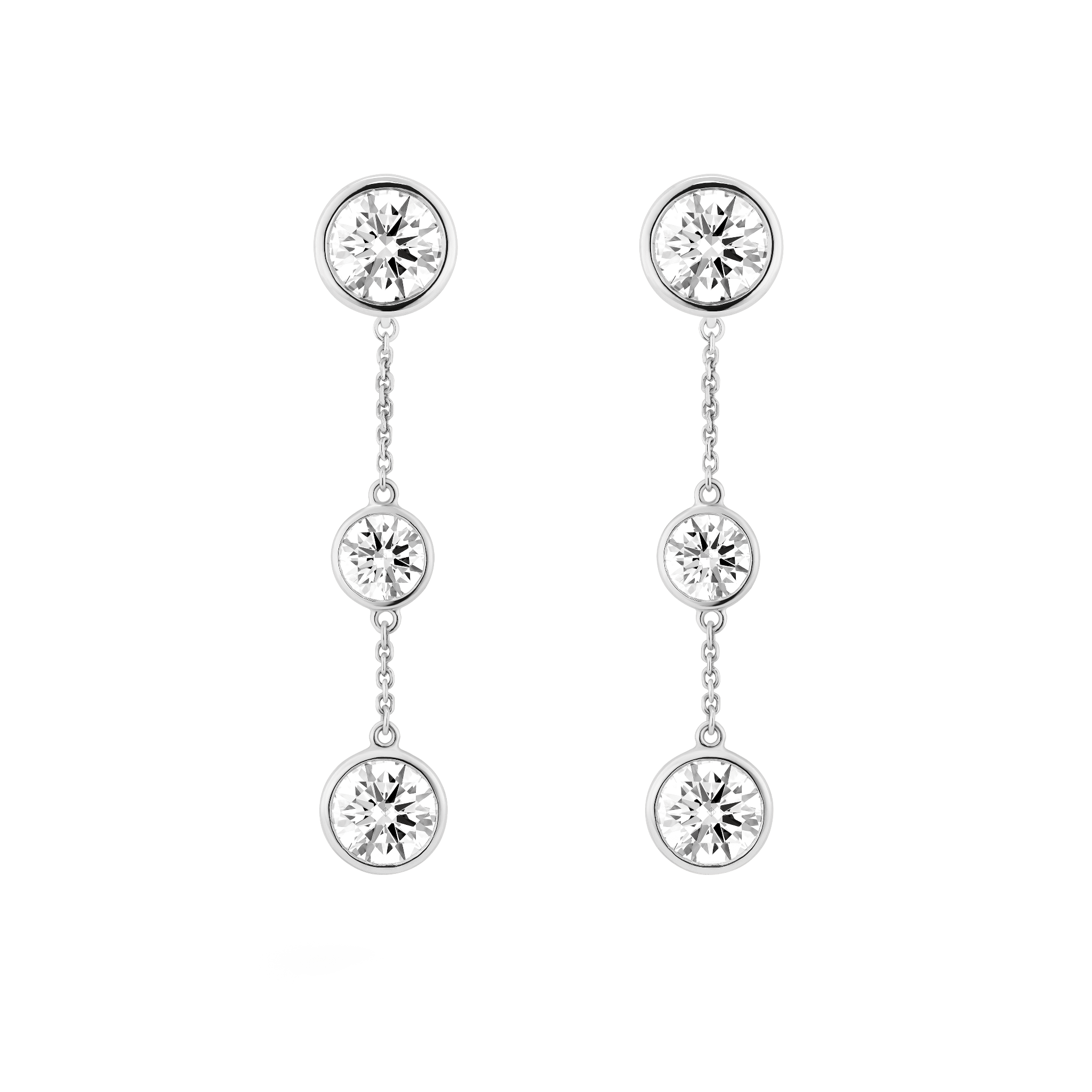 Front view of white gold double drop bezel earring jackets with bezel studs