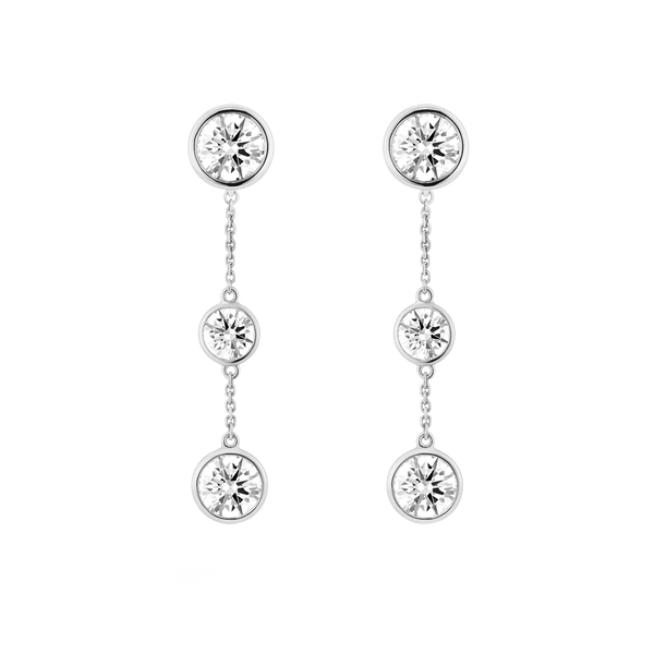 Front view of white gold double drop bezel earring jackets with bezel studs