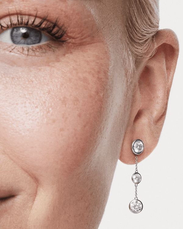 Model shot of white gold double drop bezel earring jackets