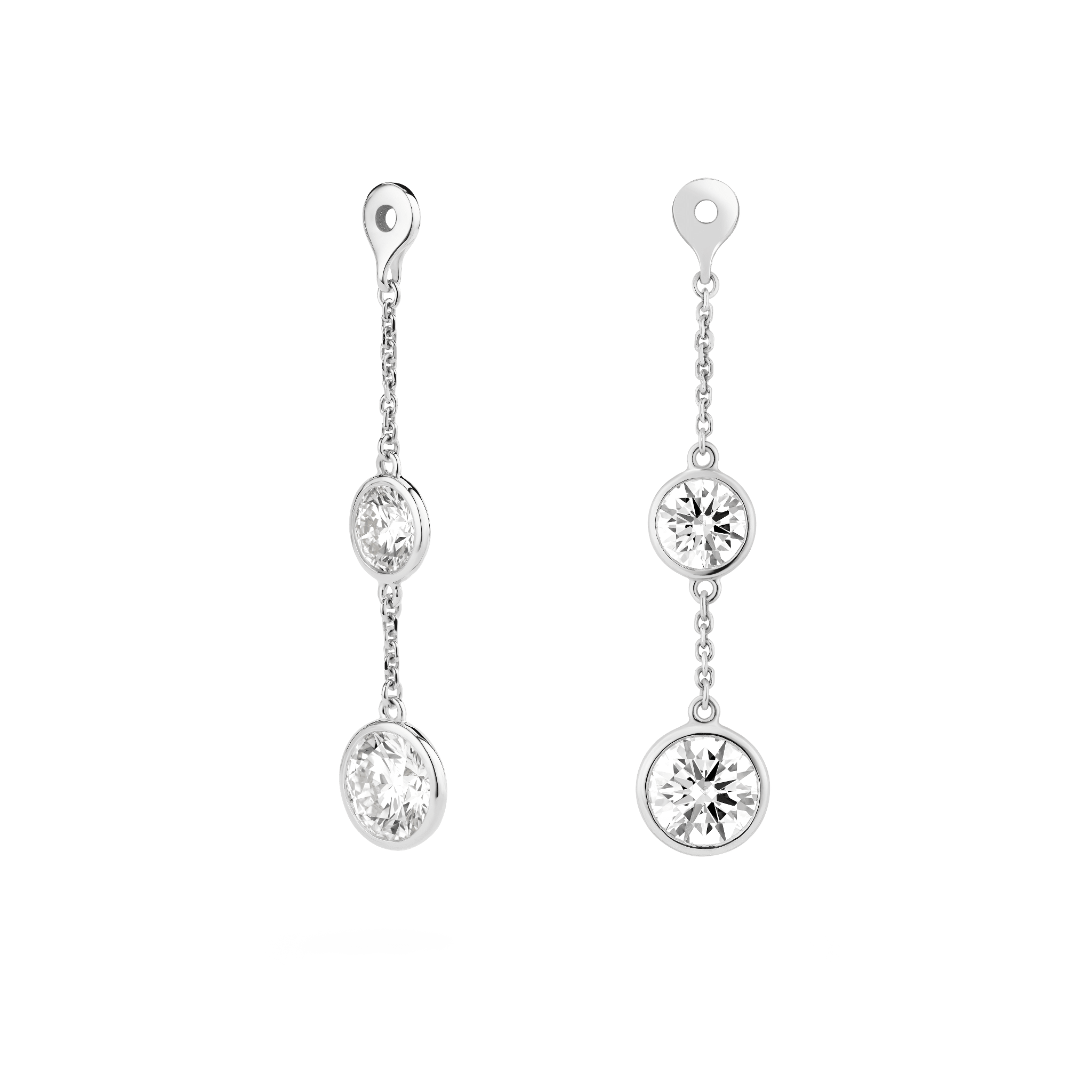 Side view of white gold double drop bezel earring jackets