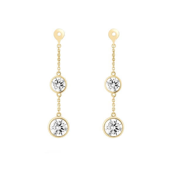 Front view of yellow gold double drop bezel earring jackets