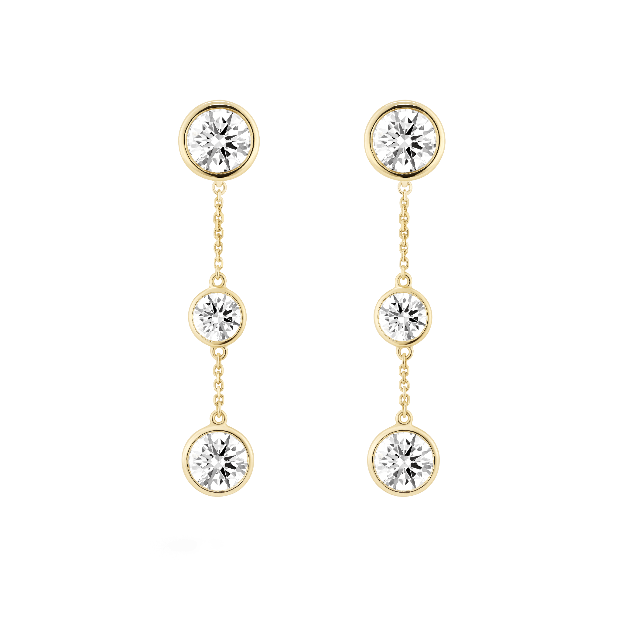 Front view of white gold double drop bezel earring jackets with bezel studs